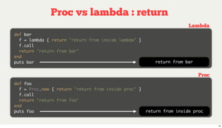 Proc vs lambda : return
                                                                       Lambda
def bar
  f = lambda...