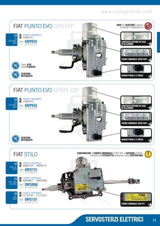 www.epsrigenerati.com 
FIAT PUNTO EVO CON ESP NON far RUOTARE l’albero 
durante l’installazione 
CARCASSA MOTORE IN LEGA 
DI ALLUMINIO 
CODICE ORIGINALE (DWG FIAT) 
CARCASSA MOTORE IN LEGA 
DI ALLUMINIO 
CODICE ORIGINALE (DWG FIAT) 
COMUNICARE il CODICE ORIGINALE (FIAT N°) e DATARIO (DATE) 
indicati sull’ETICHETTA presente sulla CENTRALINA 
SERVOSTERZI ELETTRICI 
CODICE ORIGINALE 
51860331 
ERFPECE 
MORSETTIERA A 2 PRESE 
Tasto ASR 
sulla PLANCIA 
SENSORE 
INTEGRATO 
DA 
OTTOBRE 
2009 
FIAT PUNTO EVO SENZA ESP 
DA 
OTTOBRE 
2009 
CODICE ORIGINALE 
51860329 
ERFPESE 
MORSETTIERA A 2 PRESE 
SENSORE 
INTEGRATO 
FIAT STILO 
CODICE ORIGINALE 
46846724 | 46846731 
ERFS731 
CODICE ORIGINALE 
46846857 | 46846858 
ERFS858 
FINO AL 
2003 
CODICE ORIGINALE 
51723100 | 51723101 
ERFS101 
DAL 2003 
AL 2005 
DAL 
2005 
CODICE ORIGINALE (FIAT N°) 
11 
 