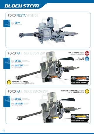 FORD FIESTA VIa SERIE 
FORD KA IIa SERIE CON ESP NON far RUOTARE l’albero 
ERFKCE CON SENSORE 
CON CAVO ESTERNO 
VERIFICARE se il SENSORE è 
integrato o se ha la GUAINA esterna 
durante l’installazione 
Tasto ASR 
sulla PLANCIA 
GUAINA SENSORE ARANCIONE 
VERIFICARE se il SENSORE è integrato 
o se ha la GUAINA esterna 
GUAINA SENSORE GIALLA 
FORD KA IIa SERIE SENZA ESP 
DA 
GENNAIO 
2009 
12 
ERFKSEINT CON SENSORE 
INTEGRATO 
DA ERFFVI 
GENNAIO 
2009 
ERFKSE CON SENSORE 
CON CAVO ESTERNO 
DA 
GENNAIO 
2009 
ERFKCEINT CON SENSORE 
INTEGRATO 
 