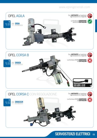www.epsrigenerati.com 
Con ANTIFURTO sul piantone 
rigenerazione su originale 
La fornitura COMPRENDE 
anche la CENTRALINA 
CAVO LUNGO ± 75 CM 
CAVO CORTO ± 40 CM 
SERVOSTERZI ELETTRICI 
OPEL AGILA 
EROA 
OPEL CORSA B 
EROCB 
Con ANTIFURTO sul piantone 
rigenerazione su originale 
La fornitura NON COMPRENDE 
la CENTRALINA 
OPEL CORSA C CON REGOLAZIONE Con ANTIFURTO sul piantone 
rigenerazione su originale 
La fornitura NON COMPRENDE 
la CENTRALINA EROCCCR 
DAL 2000 
AL 2007 
15 
DAL 1993 
AL 2000 
DAL 2001 
AL 2006 
 