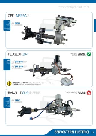 www.epsrigenerati.com 
PEUGEOT 107 La fornitura COMPRENDE 
anche la CENTRALINA 
SERVOSTERZI ELETTRICI 
RANAULT CLIO IIa SERIE 
DA ERRC2 
GIUGNO 
2001 
A 
AGOSTO 
2005 
La fornitura NON COMPRENDE 
la CENTRALINA 
ERP107B VERSIONE 
BENZINA 
ERP107D VERSIONE 
DIESEL 
MODELLO 
UNICO 
VERIFICARE se è BENZINA (etichetta centralina bianca e nera) 
o DIESEL (etichetta centralina bianca e verde) 
17 
OPEL MERIVA A 
DA EROM 
APRILE 
2003 
A 
FEBBRAIO 
2010 
 