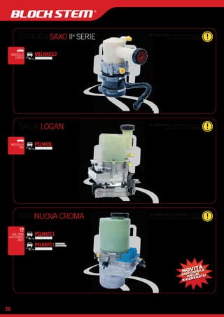 CITROËN SAXO II la restituzione del RESO a SERIE 
LA FORNITURA potrebbe prevedere 
MODELLO MELNXCS2 
UNICO 
26 
DACIA LOGAN la restituzione del RESO 
LA FORNITURA potrebbe prevedere 
MODELLO PELNXDL 
HPI 
FIAT NUOVA CROMA comunque la restituzione del RESO 
LA FORNITURA del NUOVO prevede 
PELNXFC1 
PELRXFC1PRODOTTO 
RIGENERATO 
DAL 2005 
A OTTOBRE 
2007 
NOVITÀ 
DISPONIBILE 
ANCHE 
RIGENERATA! 
 