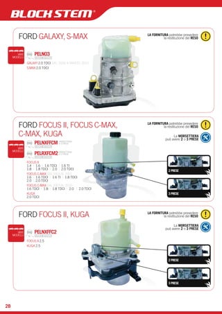 28 
FORD GALAXY, S-MAX la restituzione del RESO 
LA FORNITURA potrebbe prevedere 
VARI PELN03 
MODELLI 
GALAXY 2.0 TDCI DAL 2006 A MARZO 2010 
S.MAX 2.0 TDCI 
FORD FOCUS II, FOCUS C-MAX, LA FORNITURA potrebbe prevedere 
la restituzione del RESO 
C-MAX, KUGA La MORSETTIERA 
può avere 2 o 3 PRESE 
2 PRESE 
3 PRESE 
MORSETTIERA 
A 3 PRESE 
FORD FOCUS II, KUGA la restituzione del RESO 
LA FORNITURA potrebbe prevedere 
La MORSETTIERA 
può avere 2 o 3 PRESE 
VARI PELNXFFC2 
MODELLI 
2 PRESE 
3 PRESE 
PELNXFFCM 
PELRXFCM2 MORSETTIERA 
A 2 PRESE 
VARI 
MODELLI 
FOCUS II 
1.4 | 1.6 | 1.6 TDCI | 1.6 TI 
1.8 | 1.8 TDCI | 2.0 | 2.0 TDCI 
FOCUS C-MAX DAL 2003 AL 2007 
1.6 | 1.6 TDCI | 1.6 TI | 1.8 TDCI 
2.0 | 2.0 TDCI 
FOCUS C-MAX DAL 2007 AL 2010 
1.6 TDCI | 1.8 | 1.8 TDCI | 2.0 | 2.0 TDCI 
KUGA 
2.0 TDCI 
FOCUS II 2.5 
KUGA 2.5 
 