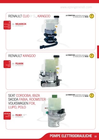 www.epsrigenerati.com 
RENAULT CLIO II la restituzione del RESO a S., KANGOO 
SEAT CORDOBA, IBIZA 
SKODA FABIA, ROOMSTER 
VOLKSWAGEN FOX, 
LUPO, POLO 
VARI PELN01 
MODELLI 
MODELLO 
TRW 
LA FORNITURA potrebbe prevedere 
la restituzione del RESO 
RENAULT KANGOO 
PELNXRK 
LA FORNITURA potrebbe prevedere 
la restituzione del RESO 
DA 
GIUGNO 
2005 
LA FORNITURA potrebbe prevedere 
DA GIUGNO MELNXRC2K 
2001 
AD AGOSTO 
2005 
POMPE ELETTROIDRAULICHE 
33 
 
