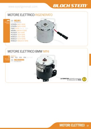 MOTORI ELETTRICI 
www.epsrigenerati.com 
37 
MOTORE ELETTRICO RIGENERATO 
MELR01 
CITROËN SAXO Ia SERIE 
CITROËN SAXO IIa SERIE 
FORD FIESTA FINO AL 2001 
NISSAN ALMERA IIa SERIE 
PEUGEOT 106 Ia SERIE 
PEUGEOT 106 IIa SERIE 
RENAULT CLIO Ia SERIE 
RENAULT CLIO IIa SERIE 
RENAULT KANGOO IIa SERIE 
MODELLO 
UNICO 
MOTORE ELETTRICO BMW MINI 
DAL 2001 
AL 2007 MELNXBMIN 
LA FORNITURA potrebbe prevedere 
la restituzione del RESO 
MODELLI 
R50 | R52 | R53 | R56 SOLO 2007 
 