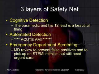 3 layers of Safety Net Cognitive Detection  The paramedic and his 12 lead is a beautiful thing Automated Detection “*** ACUTE AMI *****” Emergency Department Screening MD review to prevent false positives and to pick up on STEMI mimics that still need urgent care 