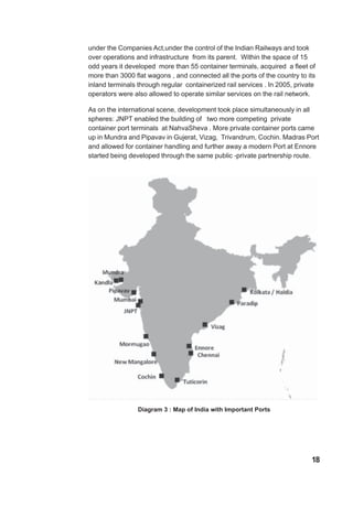 under the Companies Act,under the control of the Indian Railways and took
over operations and infrastructure from its parent. Within the space of 15
odd years it developed more than 55 container terminals, acquired a fleet of
more than 3000 flat wagons , and connected all the ports of the country to its
inland terminals through regular containerized rail services . In 2005, private
operators were also allowed to operate similar services on the rail network.
As on the international scene, development took place simultaneously in all
spheres: JNPT enabled the building of two more competing private
container port terminals at NahvaSheva . More private container ports came
up in Mundra and Pipavav in Gujerat, Vizag, Trivandrum, Cochin. Madras Port
and allowed for container handling and further away a modern Port at Ennore
started being developed through the same public -private partnership route.
Diagram 3 : Map of India with Important Ports
18
 