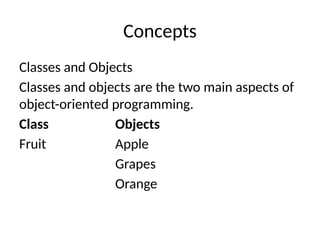 Concepts
Classes and Objects
Classes and objects are the two main aspects of
object-oriented programming.
Class Objects
Fruit Apple
Grapes
Orange
 