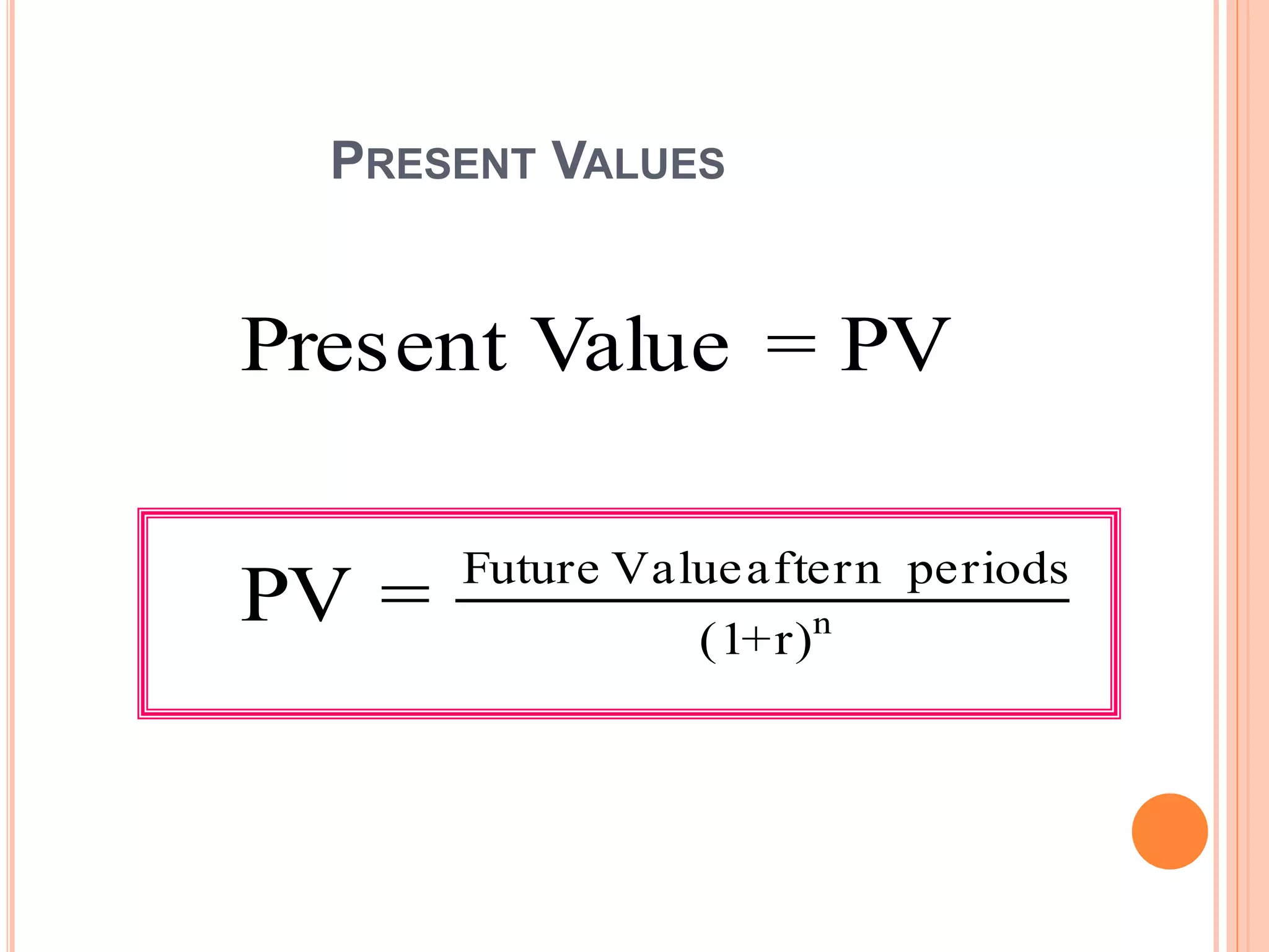 PRESENT VALUES
n
r)+(1
periodsnafterValueFuture
=PV
PV=ValuePresent
 