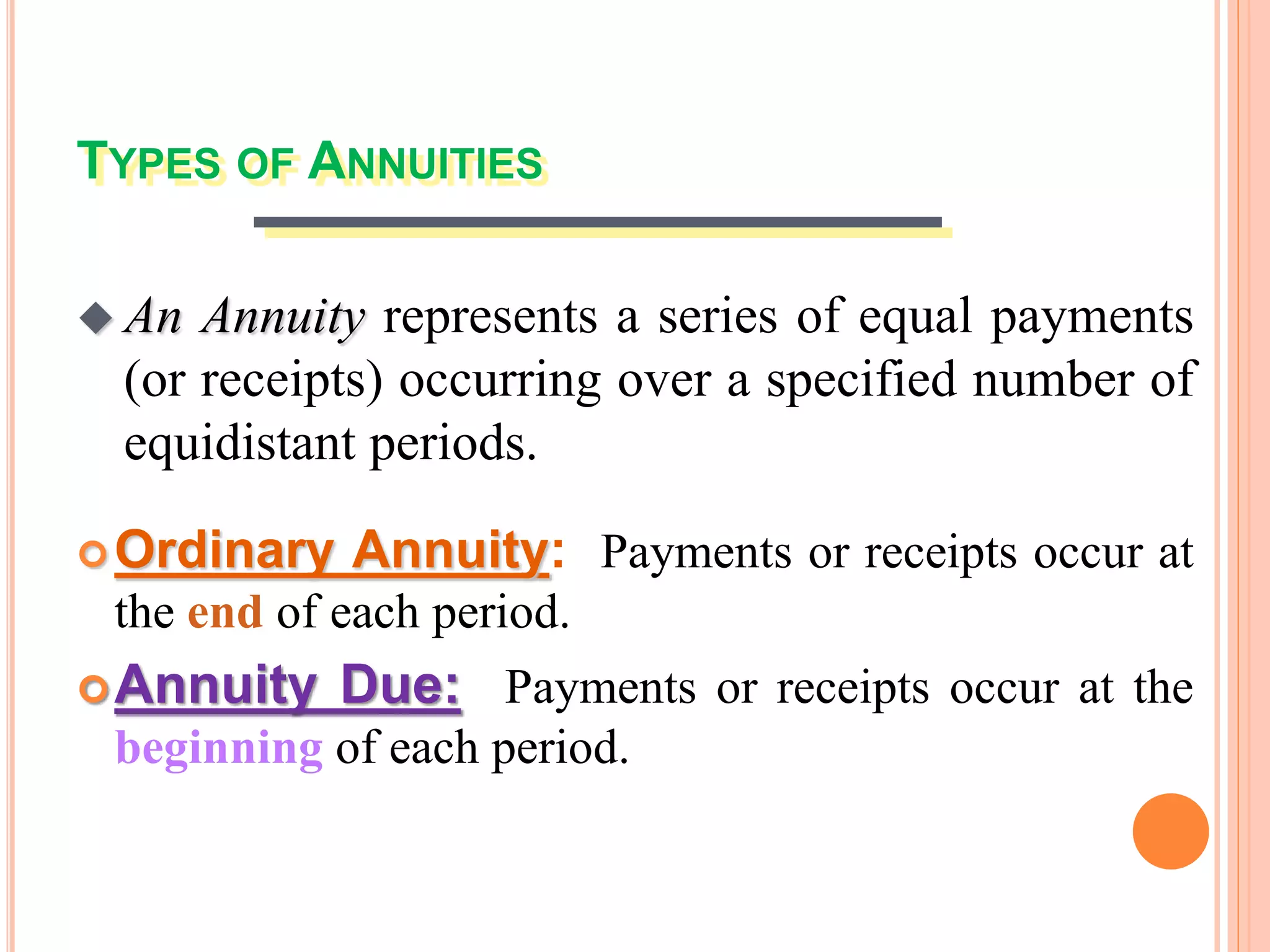 TYPES OF ANNUITIES
Ordinary Annuity: Payments or receipts occur at
the end of each period.
Annuity Due: Payments or receipts occur at the
beginning of each period.
 An Annuity represents a series of equal payments
(or receipts) occurring over a specified number of
equidistant periods.
 