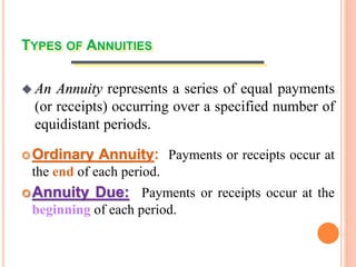 TYPES OF ANNUITIES
Ordinary Annuity: Payments or receipts occur at
the end of each period.
Annuity Due: Payments or receipts occur at the
beginning of each period.
 An Annuity represents a series of equal payments
(or receipts) occurring over a specified number of
equidistant periods.
 