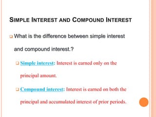 SIMPLE INTEREST AND COMPOUND INTEREST
 What is the difference between simple interest
and compound interest.?
 Simple interest: Interest is earned only on the
principal amount.
 Compound interest: Interest is earned on both the
principal and accumulated interest of prior periods.
5
 
