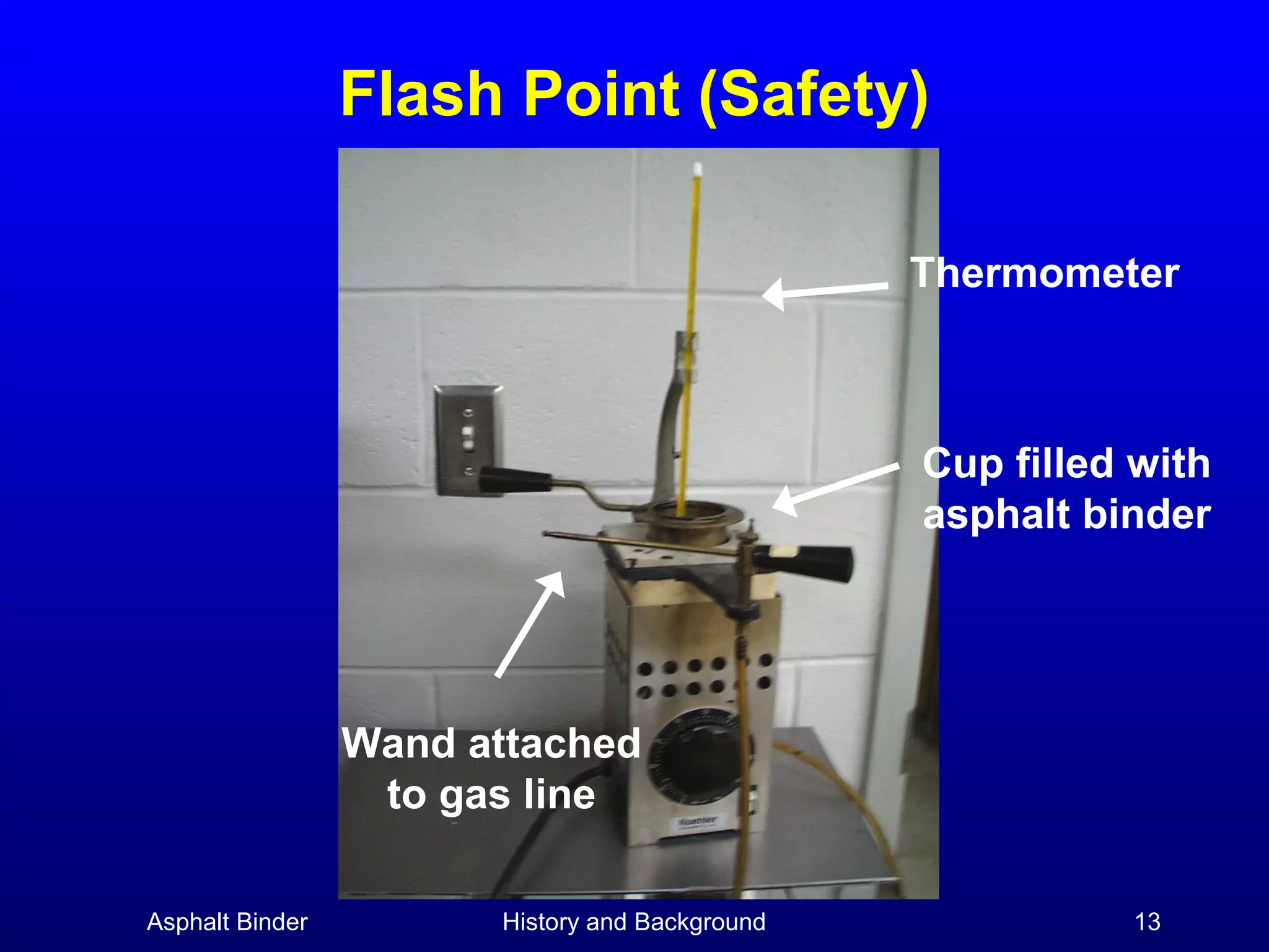 Flash Point (Safety)
Thermometer

Cup filled with
asphalt binder

Wand attached
to gas line
Asphalt Binder

History and Background

13

 