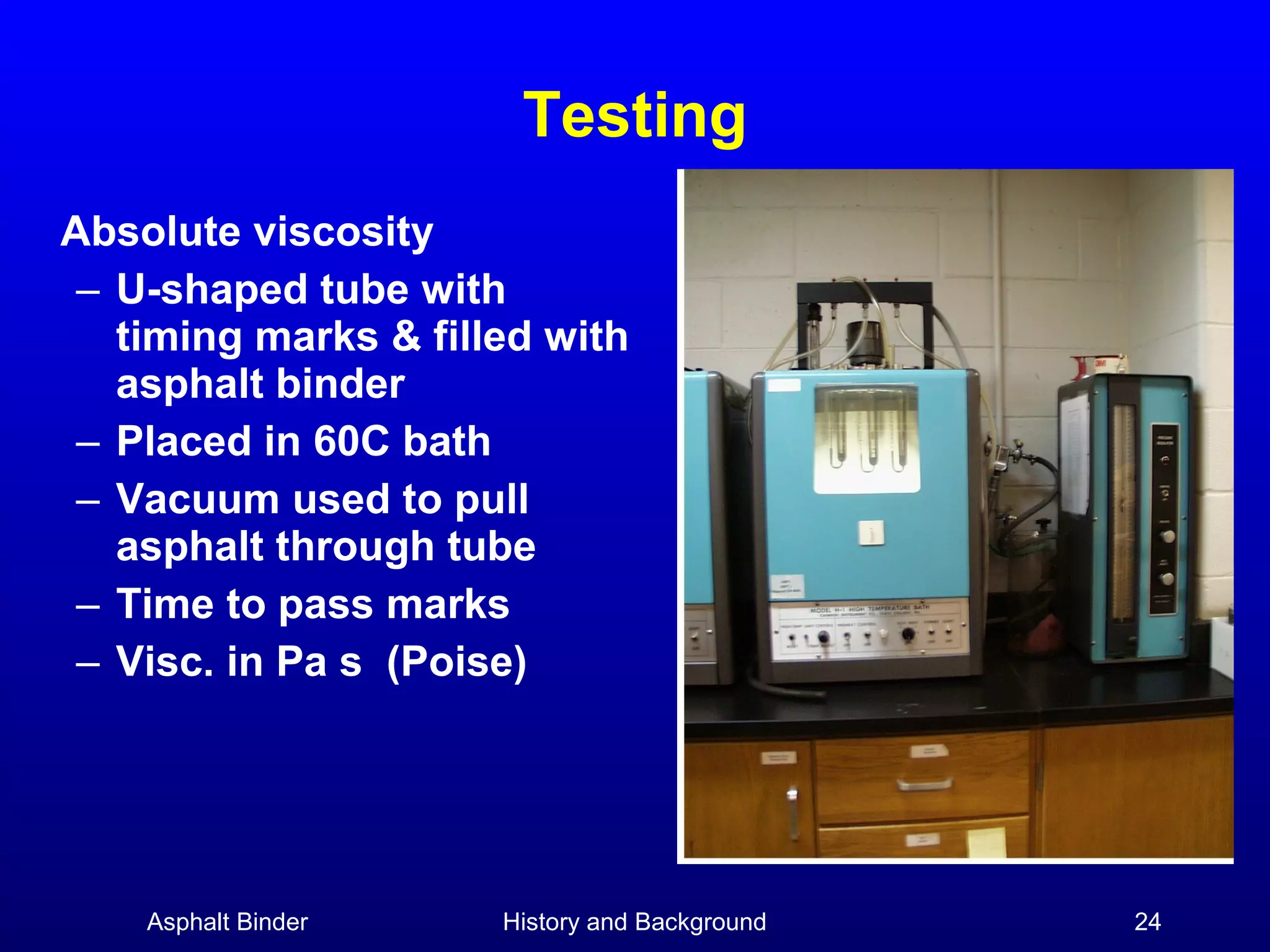 Testing
Absolute viscosity
– U-shaped tube with
timing marks & filled with
asphalt binder
– Placed in 60C bath
– Vacuum used to pull
asphalt through tube
– Time to pass marks
– Visc. in Pa s (Poise)

Asphalt Binder

History and Background

24

 