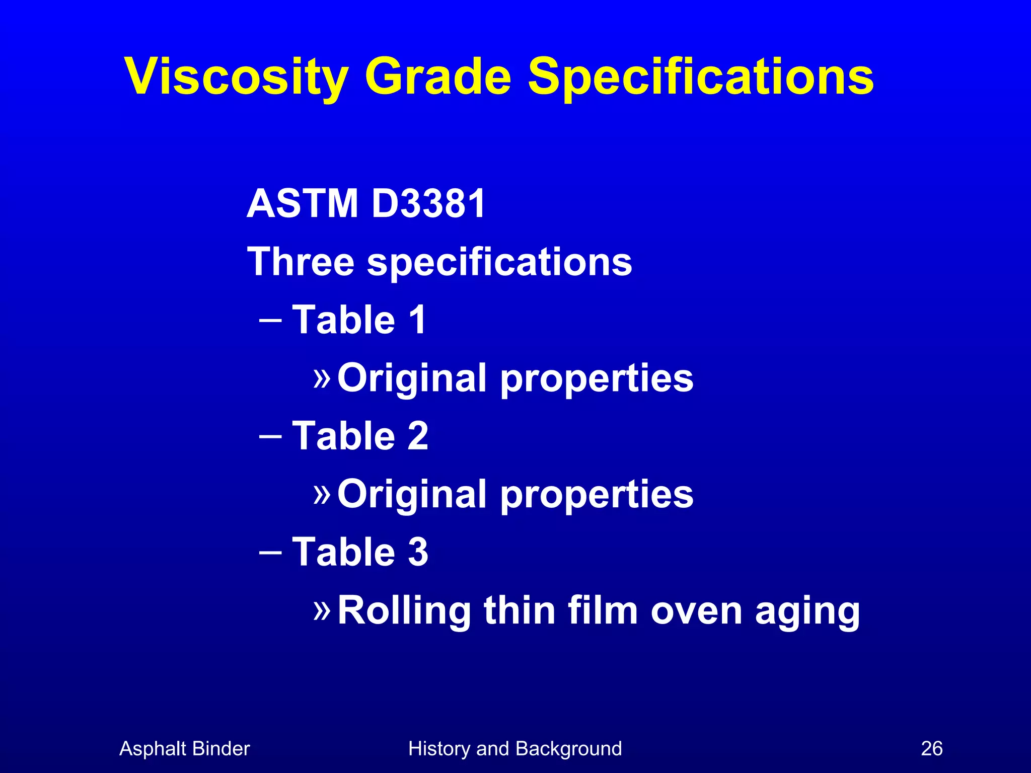 Viscosity Grade Specifications
ASTM D3381
Three specifications
– Table 1
» Original properties
– Table 2
» Original properties
– Table 3
» Rolling thin film oven aging

Asphalt Binder

History and Background

26

 
