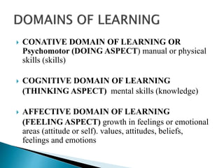  CONATIVE DOMAIN OF LEARNING OR
Psychomotor (DOING ASPECT) manual or physical
skills (skills)
 COGNITIVE DOMAIN OF LEARNING
(THINKING ASPECT) mental skills (knowledge)
 AFFECTIVE DOMAIN OF LEARNING
(FEELING ASPECT) growth in feelings or emotional
areas (attitude or self). values, attitudes, beliefs,
feelings and emotions
 
