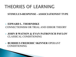 STIMULUS-RESPONSE - ASSOCIATIONIST TYPE
 EDWARD L. THORNDIKE
CONNECTIONISM OR TRIAL AND ERROR THEORY
 JOHN B WATSON & EVAN PATROVICH PAVLOV
CLASSICAL CONDITIONING
 BURRHUS FREDERIC SKINNER OPERANT
CONDITIONING
 