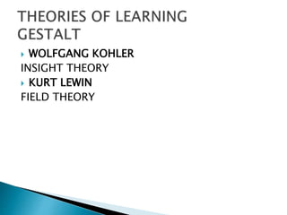  WOLFGANG KOHLER
INSIGHT THEORY
 KURT LEWIN
FIELD THEORY
 