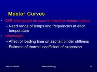 Master Curves
• DSR testing can be used to develop master curves
– Need range of temps and frequencies at each
temperature
• Information
– Affect of loading time on asphalt binder stiffness
– Estimate of thermal coefficient of expansion

Asphalt Binders

General Rheology

15

 