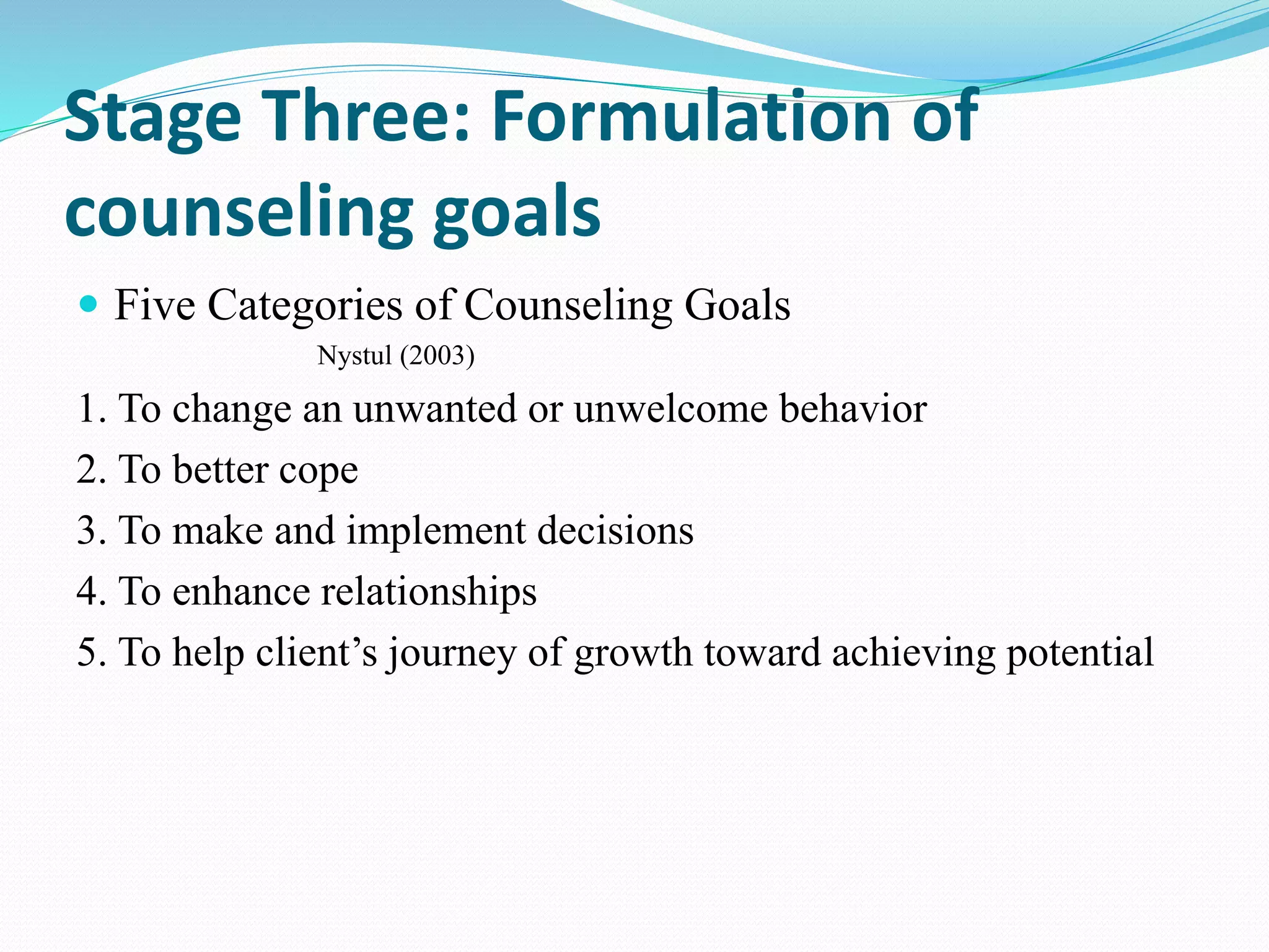 Stage Three: Formulation of
counseling goals
 Five Categories of Counseling Goals
Nystul (2003)
1. To change an unwanted or unwelcome behavior
2. To better cope
3. To make and implement decisions
4. To enhance relationships
5. To help client’s journey of growth toward achieving potential
 