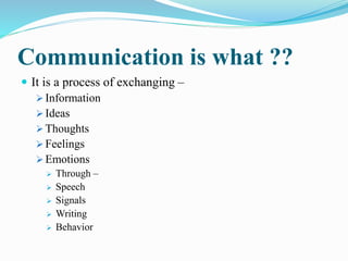 Communication is what ??
 It is a process of exchanging –
 Information
 Ideas
 Thoughts
 Feelings
 Emotions
 Through –
 Speech
 Signals
 Writing
 Behavior
 
