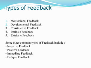 Types of Feedback
1. Motivational Feedback
2. Developmental Feedback
3. Constructive Feedback
4. Intrinsic Feedback
5. Extrinsic Feedback
Some other common types of Feedback include :-
• Negative Feedback
• Positive Feedback
• Immediate Feedback
• Delayed Feedback
 