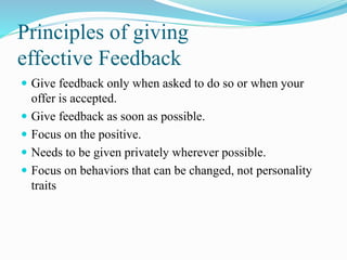 Principles of giving
effective Feedback
 Give feedback only when asked to do so or when your
offer is accepted.
 Give feedback as soon as possible.
 Focus on the positive.
 Needs to be given privately wherever possible.
 Focus on behaviors that can be changed, not personality
traits
 