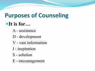 Purposes of Counseling
It is for…
A - assistance
D - development
V - vast information
I - inspiration
S - solution
E - encouragement
 