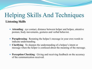 Helping Skills And Techniques
Listening Skills
 Attending: eye contact, distance between helper and helpee, attentive
posture, body movements, gestures and verbal behavior.
 Paraphrasing: Restating the helpee’s message in your own words to
indicate understanding.
 Clarifying: To sharpen the understanding of a helpee’s intent or
message when the helper is confused about the meaning of the message.
 Perception Checking: Giving and receiving feedback on the accuracy
of the communication received.
 