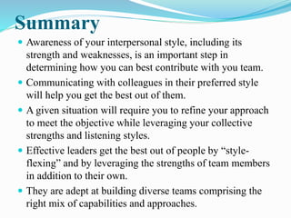 Summary
 Awareness of your interpersonal style, including its
strength and weaknesses, is an important step in
determining how you can best contribute with you team.
 Communicating with colleagues in their preferred style
will help you get the best out of them.
 A given situation will require you to refine your approach
to meet the objective while leveraging your collective
strengths and listening styles.
 Effective leaders get the best out of people by “style-
flexing” and by leveraging the strengths of team members
in addition to their own.
 They are adept at building diverse teams comprising the
right mix of capabilities and approaches.
 