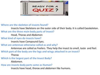 Where are the skeleton of insects found?
Insects have Skeletons on the outer side of their body. It is called Exoskeleton.
What are the three main body parts of Insect?
Head, Thorax and Abdomen
What kind of eyes do insects have?
Insects have Compound Eyes.
What are antennae otherwise called as and why?
Antennae are called as Feelers. They help the insect to smell, taste and feel.
Which part of the body are the legs and wings attached in an insect?
Thorax
Which is the largest part of the Insect Body?
Abdomen.
How are insects body parts same as Human?
Insects have head, thorax and abdomen like humans.
 