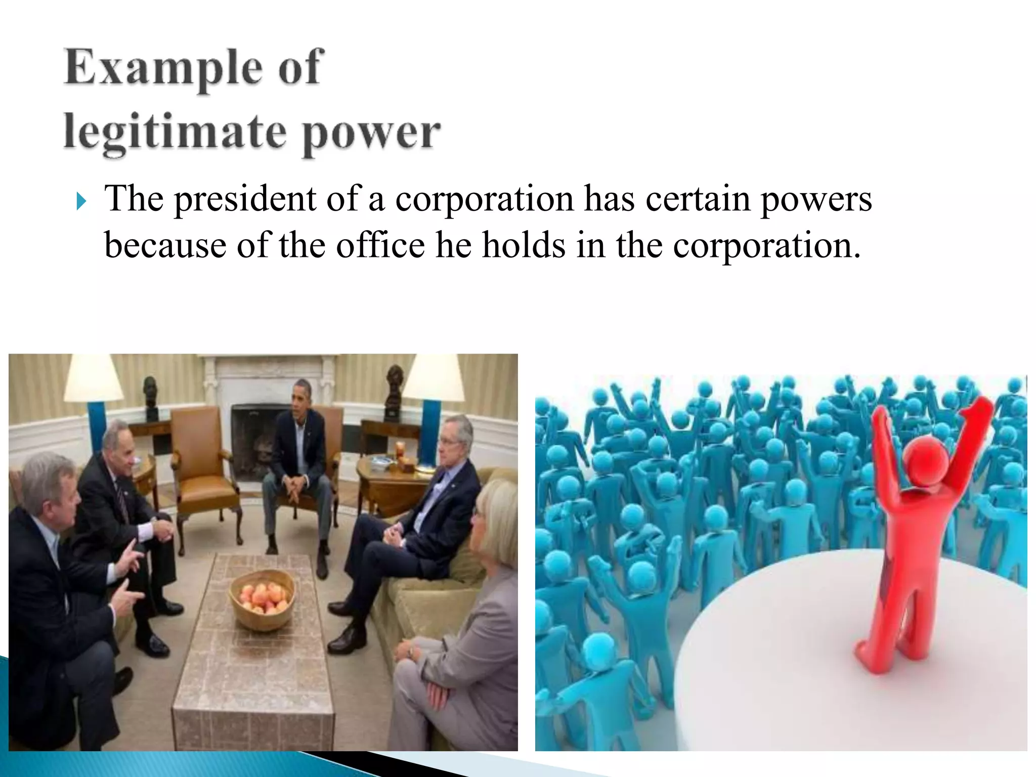  The president of a corporation has certain powers
because of the office he holds in the corporation.
 