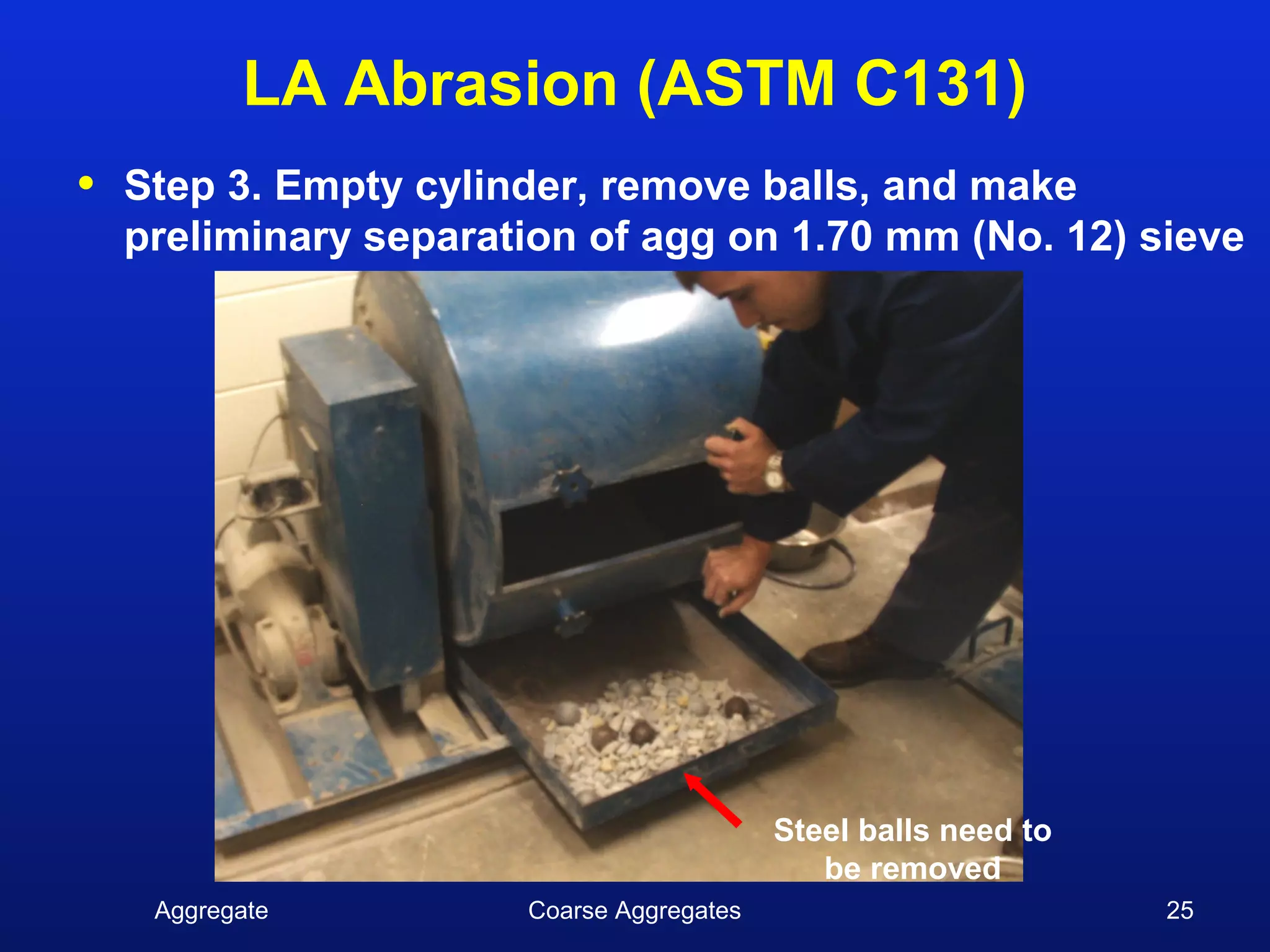LA Abrasion (ASTM C131)
•   Step 3. Empty cylinder, remove balls, and make
    preliminary separation of agg on 1.70 mm (No. 12) sieve




                                           Steel balls need to
                                              be removed
     Aggregate         Coarse Aggregates                         25
 