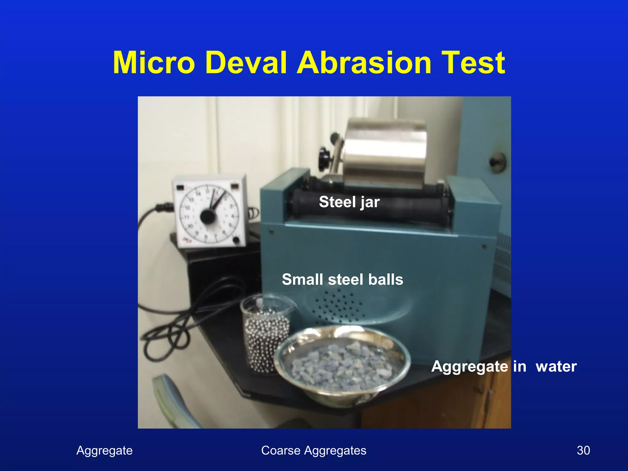 Micro Deval Abrasion Test



                       Steel jar



                 Small steel balls




                                     Aggregate in water




Aggregate     Coarse Aggregates                       30
 
