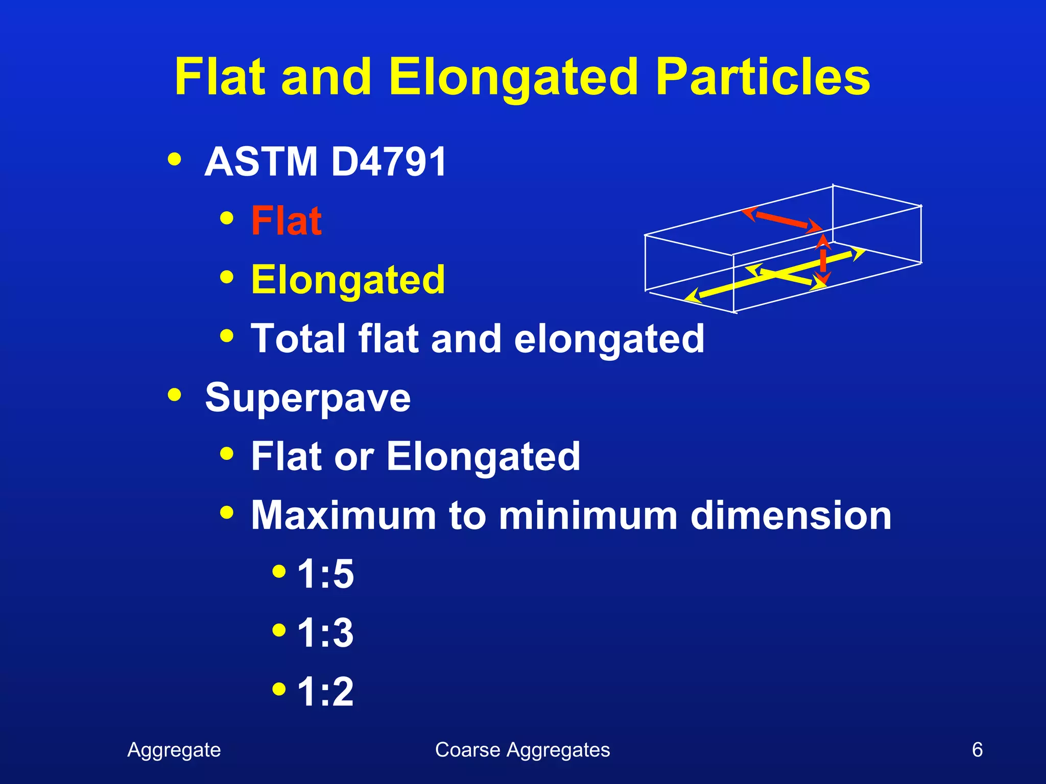 Flat and Elongated Particles
   •   ASTM D4791
       • Flat
       • Elongated
       • Total flat and elongated
   •   Superpave
       • Flat or Elongated
       • Maximum to minimum dimension
          • 1:5
          • 1:3
          • 1:2
Aggregate        Coarse Aggregates      6
 