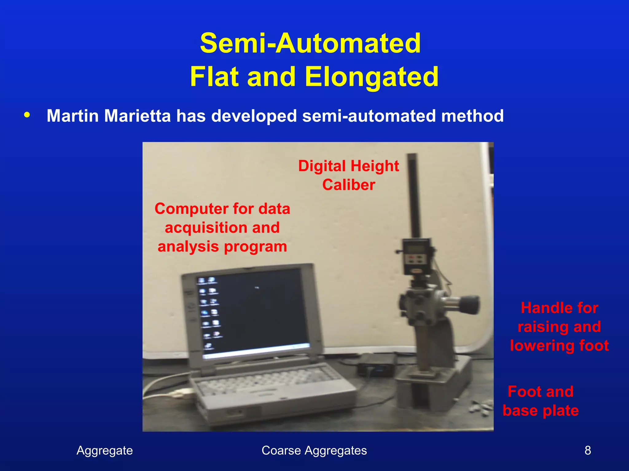 Semi-Automated
                       Flat and Elongated
•   Martin Marietta has developed semi-automated method

                                       Digital Height
                                          Caliber
                   Computer for data
                    acquisition and
                   analysis program


                                                            Handle for
                                                           raising and
                                                          lowering foot

                                                         Foot and
                                                        base plate

       Aggregate                Coarse Aggregates                    8
 