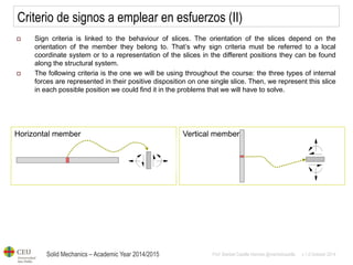 Solid Mechanics – Academic Year 2014/2015 
Prof: Maribel Castilla Heredia @maribelcastilla v.1.0 October 2014 
Horizontal member 
Criterio de signos a emplear en esfuerzos (II) 
Sign criteria is linked to the behaviour of slices. The orientation of the slices depend on the orientation of the member they belong to. That’s why sign criteria must be referred to a local coordinate system or to a representation of the slices in the different positions they can be found along the structural system. 
The following criteria is the one we will be using throughout the course: the three types of internal forces are represented in their positive disposition on one single slice. Then, we represent this slice in each possible position we could find it in the problems that we will have to solve. 
Vertical member  
