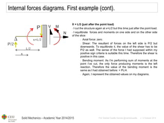 Solid Mechanics – Academic Year 2014/2015 
Prof: Maribel Castilla Heredia @maribelcastilla v.1.0 October 2014 
Internal forces diagrams. First example (cont). 
X = L/2 (just after the point load) 
- I cut the structure again at x=L/2 but this time just after the point load. 
- I equilibrate forces and moments on one side and on the other side of the slice: 
- Axial force: zero. 
- Shear: The resultant of forces on the left side is P/2 but downwards. To equilibrate it, the value of the shear has to be P/2 as well. The sense of the force I had supposed within my positive sign criteria is suitable this time. Therefore the shear is positive in this case. 
- Bending moment: As I’m performing sum of moments at the point I’ve cut, the only force producing moments is the left reaction. Therefore the value of the bending moment is the same as I had obtained before: + PL/4. 
- Again, I represent the obtained values on my diagrams.  