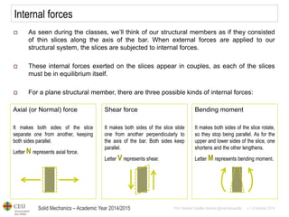 Solid Mechanics – Academic Year 2014/2015 
Prof: Maribel Castilla Heredia @maribelcastilla v.1.0 October 2014 
Internal forces 
As seen during the classes, we’ll think of our structural members as if they consisted of thin slices along the axis of the bar. When external forces are applied to our structural system, the slices are subjected to internal forces. 
These internal forces exerted on the slices appear in couples, as each of the slices must be in equilibrium itself. 
For a plane structural member, there are three possible kinds of internal forces: 
Shear force It makes both sides of the slice slide one from another perpendicularly to the axis of the bar. Both sides keep parallel. Letter V represents shear. 
Axial (or Normal) force It makes both sides of the slice separate one from another, keeping both sides parallel. Letter N represents axial force. 
Bending moment It makes both sides of the slice rotate, so they stop being parallel. As for the upper and lower sides of the slice, one shortens and the other lengthens. Letter M represents bending moment.  