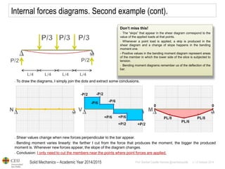 Solid Mechanics – Academic Year 2014/2015 
Prof: Maribel Castilla Heredia @maribelcastilla v.1.0 October 2014 
Internal forces diagrams. Second example (cont). 
- To draw the diagrams, I simply join the dots and extract some conclusions. 
- Shear values change when new forces perpendicular to the bar appear. 
- Bending moment varies linearly: the farther I cut from the force that produces the moment, the bigger the produced moment is. Whenever new forces appear, the slope of the diagram changes. 
- Conclusion: I only need to cut the members near the points where point forces are applied. 
Don’t miss this! 
- The “skips” that appear in the shear diagram correspond to the value of the applied loads at that points. 
- Whenever a point load is applied, a skip is produced in the shear diagram and a change of slope happens in the bending moment one. - Positive values in the bending moment diagram represent areas of the member in which the lower side of the slice is subjected to tension. 
- Bending moment diagrams remember us of the deflection of the bar.  