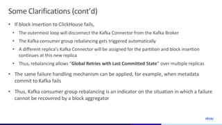 Some Clarifications (cont’d)
• If block insertion to ClickHouse fails,
• The outermost loop will disconnect the Kafka Conn...