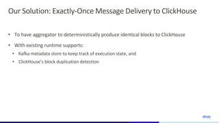 Our Solution: Exactly-Once Message Delivery to ClickHouse
• To have aggregator to deterministically produce identical bloc...