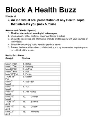Block A Health Buzz
What is it?
     An individual oral presentation of any Health Topic
     that interests you (max 5 mins)
Assessment Criteria (5 points)
  1. Must be relevant and meaningful to teenagers
  2. Use a visual – either poster or power point (max 5 slides)
  3. Should be interesting and informative (include a bibliography with your sources of
     information)
  4. Should be unique (try not to repeat a previous issue)
  5. Present the issue with a clear, confident voice and try to use notes to guide you –
     do not look at the screen

Health Buzz Dates
Grade 8        Block A

Mon 14thJan       1.   Rahul
Mon 21stJan       2.   Devang
Mon 28thJan       3.   Jeffrey
Mon 4th Feb       4.   Mai
Mon 18th Feb      5.   Funan
Thurs 28th        6.   Kaelan
Feb
Mon 4th           7. SooYeon
March
Mon 11th          8. Yui
March
Mon 18th          9. Jae Young
March
Mon 25th          10.       Conner
March
Thurs 11th        11.       Sarena
April
Mon 15th          12.       Chicco
April
Mon 22nd          13.       Priyanka
April
 