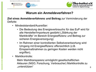 Warum ein Anmeldeverfahren?
Ziel eines Anmeldeverfahrens und Beitrag zur Verminderung der
Defizite:
    • Mindeststandard/Ausreißer:
          • Die Bedeutung des Energieverbrauchs für das EuP wird für
            alle Hersteller/Importeure gestärkt („Stärkung der
            Marktkräfte“ im Bereich Energieeffizienz und Beitrag zur
            sicheren Energieversorgung)
          • Im Rahmen einer kontrollierten Selbstverantwortung wird
            Umgang mit Energieeffizienz offensichtlich (z.B.
            Einsparmaßnahmen zu geringen Kosten werden nicht
            ergriffen).
    • Marktkontrolle:
          Mehr Markttransparenz ermöglicht gesellschaftlichen
          Akteuren (NGO, Forschung, Verbraucher) Marktkontrolle zu
          „unterstützen“                                             6
 