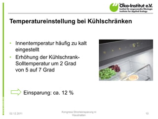 Temperatureinstellung bei Kühlschränken


• Innentemperatur häufig zu kalt
  eingestellt
• Erhöhung der Kühlschrank-
  Solltemperatur um 2 Grad
  von 5 auf 7 Grad



             Einsparung: ca. 12 %


                            Kongress Stromeinsparung in
02.12.2011                                                10
                                    Haushalten
 