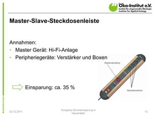 Master-Slave-Steckdosenleiste


Annahmen:
• Master Gerät: Hi-Fi-Anlage
• Peripheriegeräte: Verstärker und Boxen




             Einsparung: ca. 35 %



                           Kongress Stromeinsparung in
02.12.2011                                               13
                                   Haushalten
 