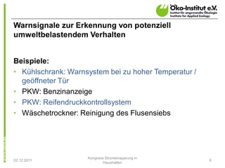 Warnsignale zur Erkennung von potenziell
umweltbelastendem Verhalten


Beispiele:
• Kühlschrank: Warnsystem bei zu hoher Temperatur /
  geöffneter Tür
• PKW: Benzinanzeige
• PKW: Reifendruckkontrollsystem
• Wäschetrockner: Reinigung des Flusensiebs




                    Kongress Stromeinsparung in
02.12.2011                                            6
                            Haushalten
 