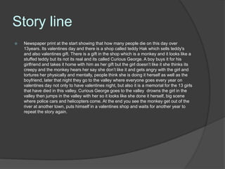 Story line
   Newspaper print at the start showing that how many people die on this day over
    13years. Its valentines day and there is a shop called teddy Hak which sells teddy's
    and also valentines gift. There is a gift in the shop which is a monkey and it looks like a
    stuffed teddy but its not its real and its called Curious George. A boy buys it for his
    girlfriend and takes it home with him as her gift but the girl doesn’t like it she thinks its
    creepy and the monkey hears her say she don’t like it and gets angry with the girl and
    tortures her physically and mentally, people think she is doing it herself as well as the
    boyfriend, later that night they go to the valley where everyone goes every year on
    valentines day not only to have valentines night, but also it is a memorial for the 13 girls
    that have died in this valley. Curious George goes to the valley drowns the girl in the
    valley then jumps in the valley with her so it looks like she done it herself, big scene
    where police cars and helicopters come. At the end you see the monkey get out of the
    river at another town, puts himself in a valentines shop and waits for another year to
    repeat the story again.
 