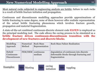 New Numerical Modelling Approach                                                     12

Most natural rocks subjected to engineering analysis are brittle; failure in such rocks
is a result of brittle fracture initiation and propagation.

Continuum and discontinuum modelling approaches provide approximations of
brittle fracturing to some degree, none of them however offer realistic representation
of the actual brittle fracturing phenomena which involves fracture growth,
propagation and material fragmentation.
A state-of-the-art combined continuum-discrete element code ELFEN is employed as
the principal modeling tool. The code allows the caving process to be simulated as a
brittle fracture driven continuum-discontinuum transition with the
development of new fractures and discrete blocks.

   Modelling     Numerical Rock Mass         Rock Mass Failure Realization
   Approach      Method    Representation

   Hybrid       FEM/DEM continuous           degradation of continuum into discrete
   Continuum-           medium               deformable blocks through fracturing and
   Discontinuum                              fragmentation



Examples:                               caving
                     blasting                               toppling
                                        initiation
 
