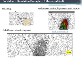Subsidence Simulation Example - Influence of fault                         41


Geometry                        Evolution of vertical displacements (0.1 – 1m)
                60°



                      100m




Subsidence crater development
                                               Link to animation




                                                                50m

    AV © 2008
 